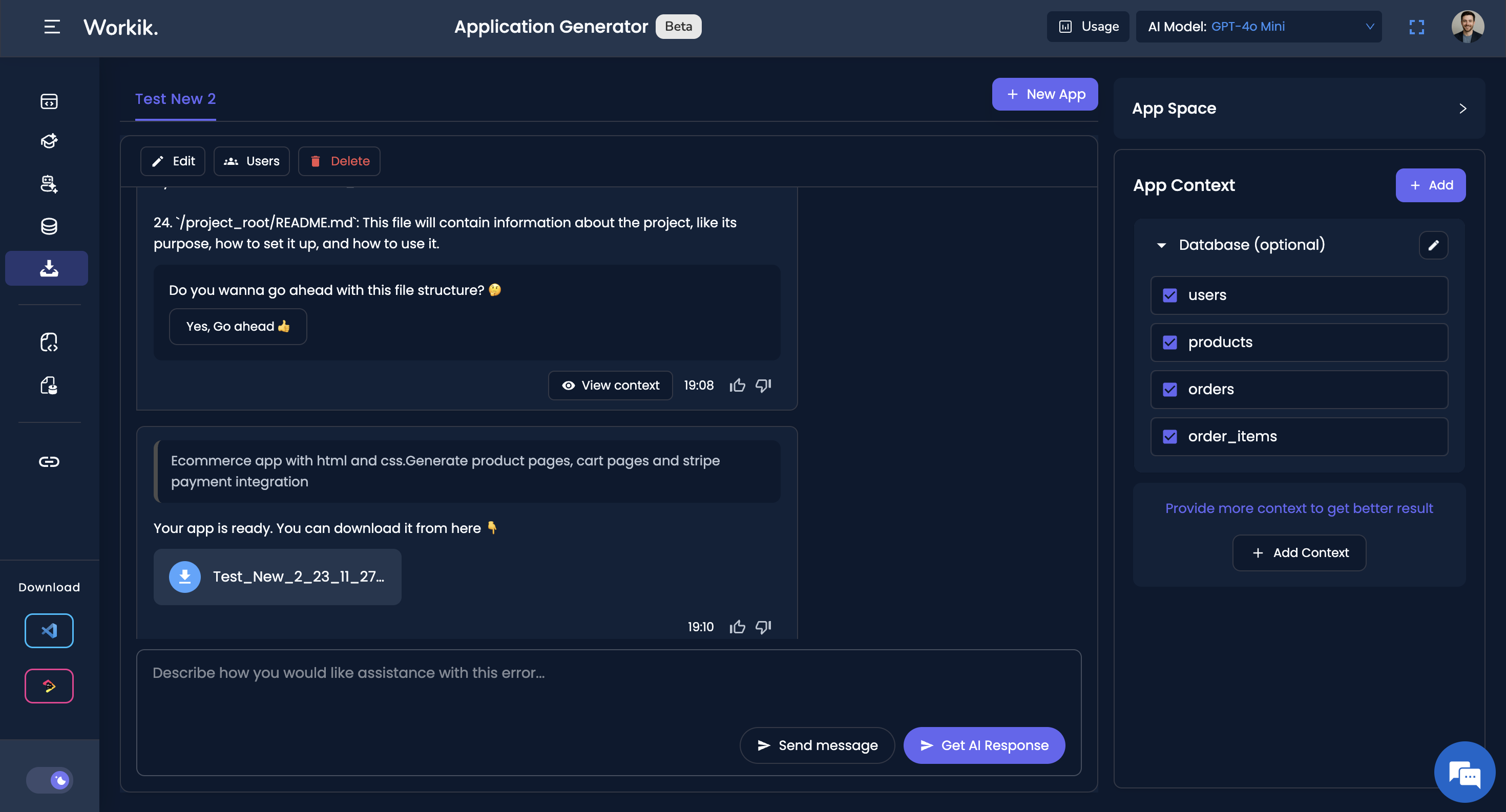 Workik's AI-powered Application Generator: Get application zip file ...